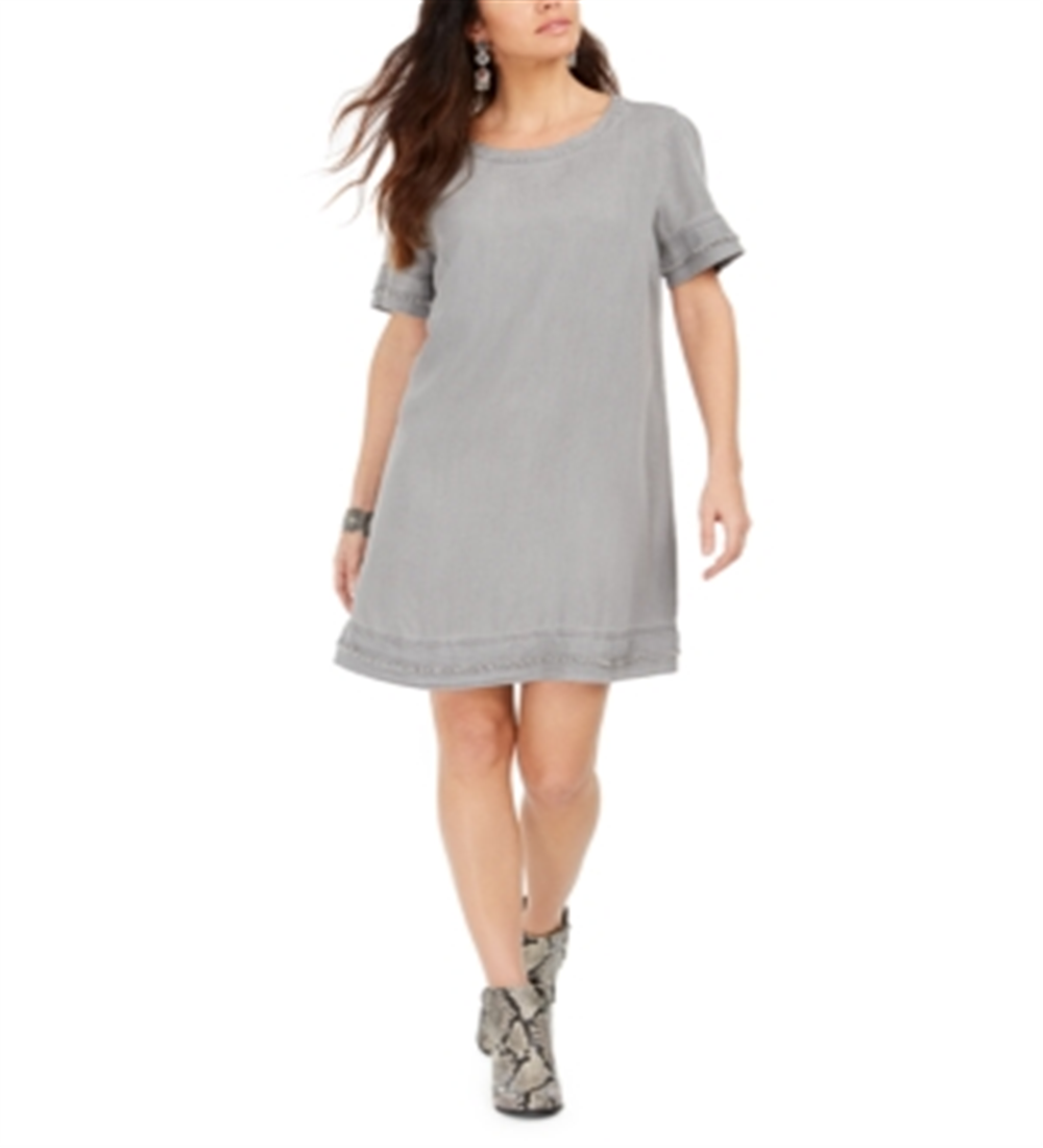 Style & Co Women's Fringed Denim T-Shirt Dress Gray Size Small