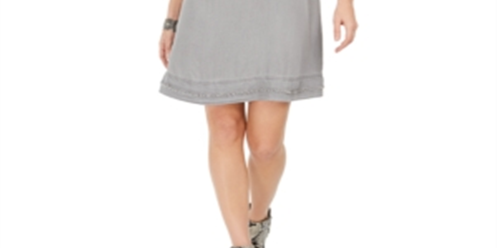 Style & Co Women's Fringed Denim T-Shirt Dress Gray Size Small