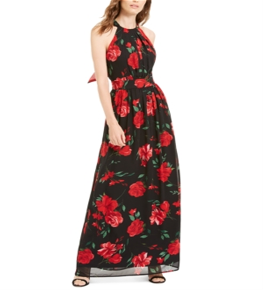 INC International Concepts Women's Floral Print Halter Maxi Dress Black Size 14