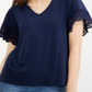 Charter Club Women's Lace Trim V Neck Top Blue Size Large