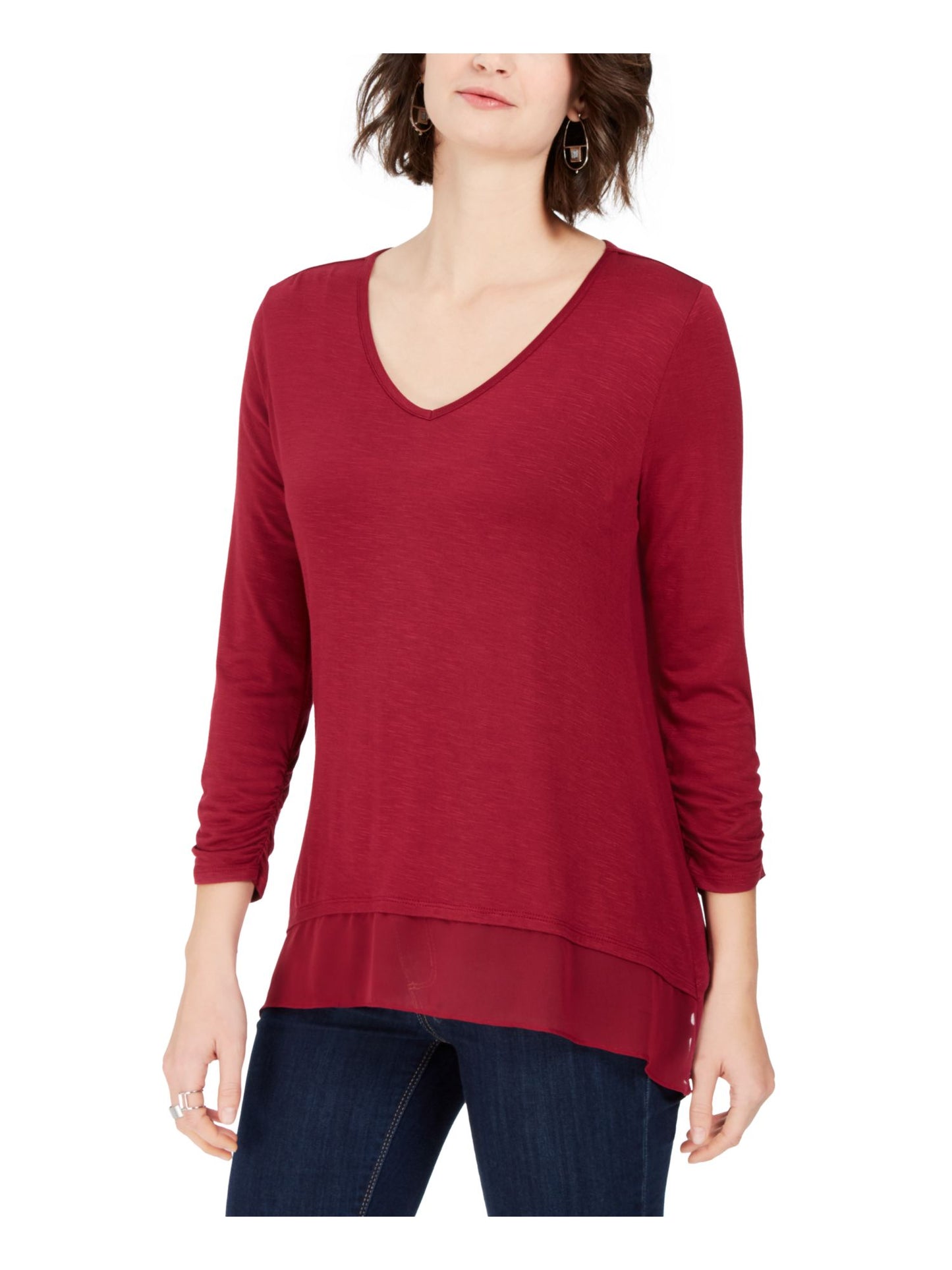 Style & Co Women's Solid Long Sleeve V Neck Top Red Size Medium