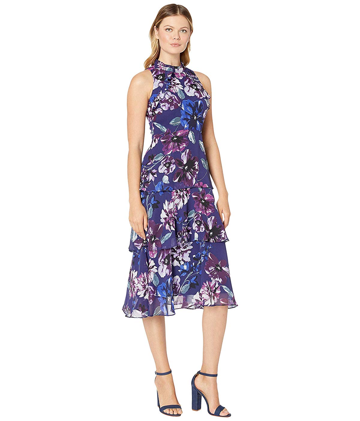 Vince Camuto Women's Printed Chiffon High Neck MIDI Dress Blue Size 10