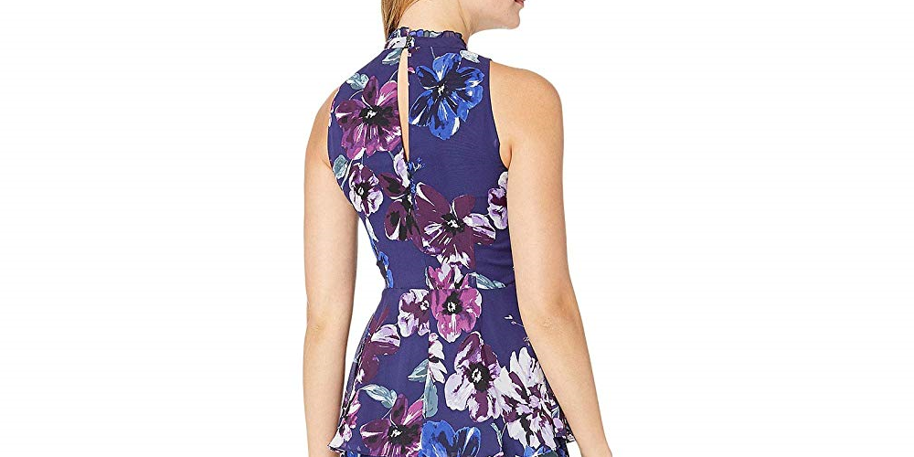 Vince Camuto Women's Printed Chiffon High Neck MIDI Dress Blue Size 10