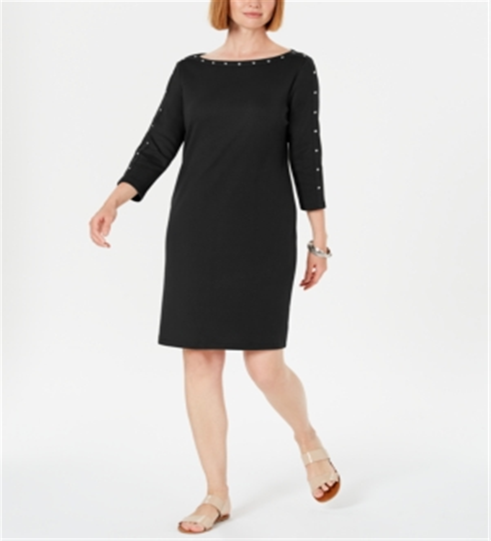 Karen Scott Women's Cotton Studded 3/4 Sleeve Shift Dress Black Size XS