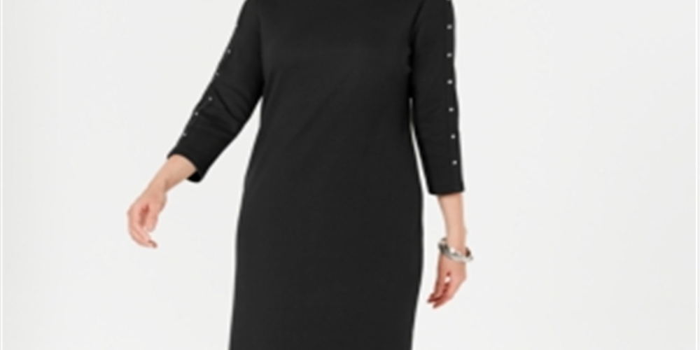Karen Scott Women's Cotton Studded 3/4 Sleeve Shift Dress Black Size XS