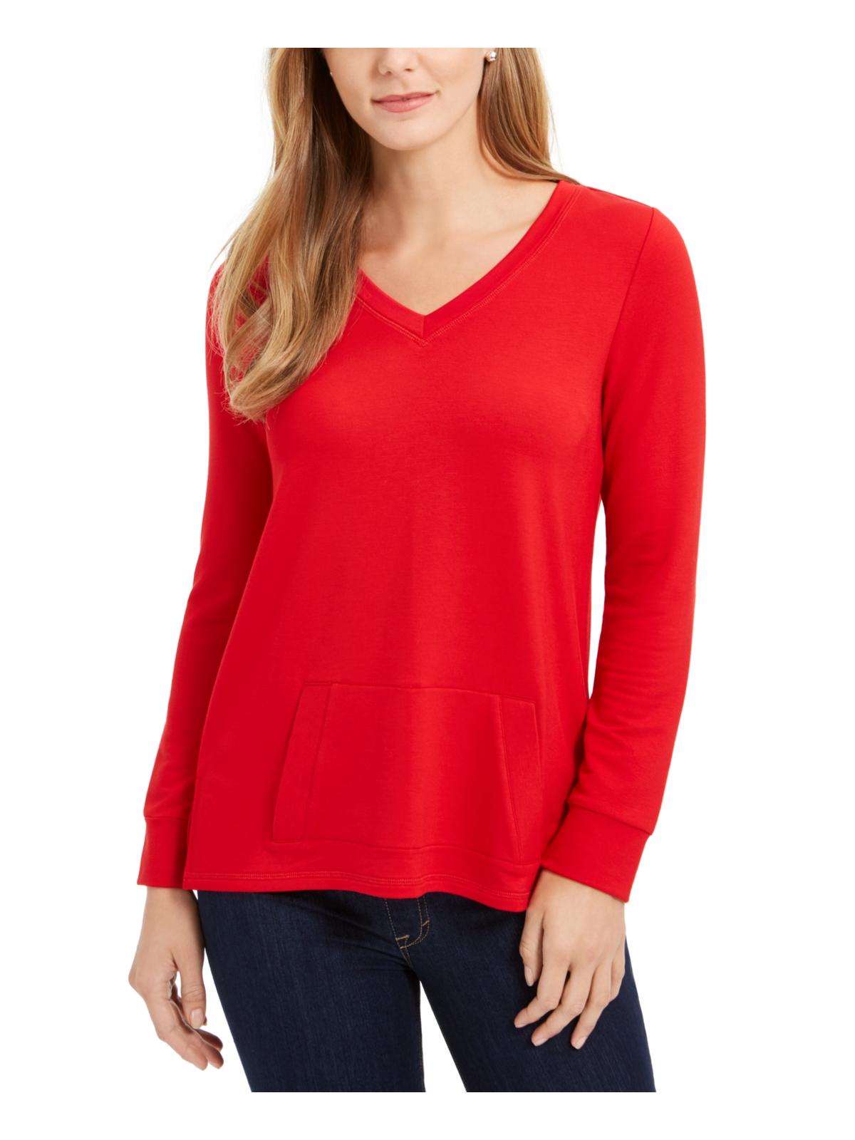 Charter Club Women's Kangaroo Pocket V Neck Pullover Top Red Size X-Large