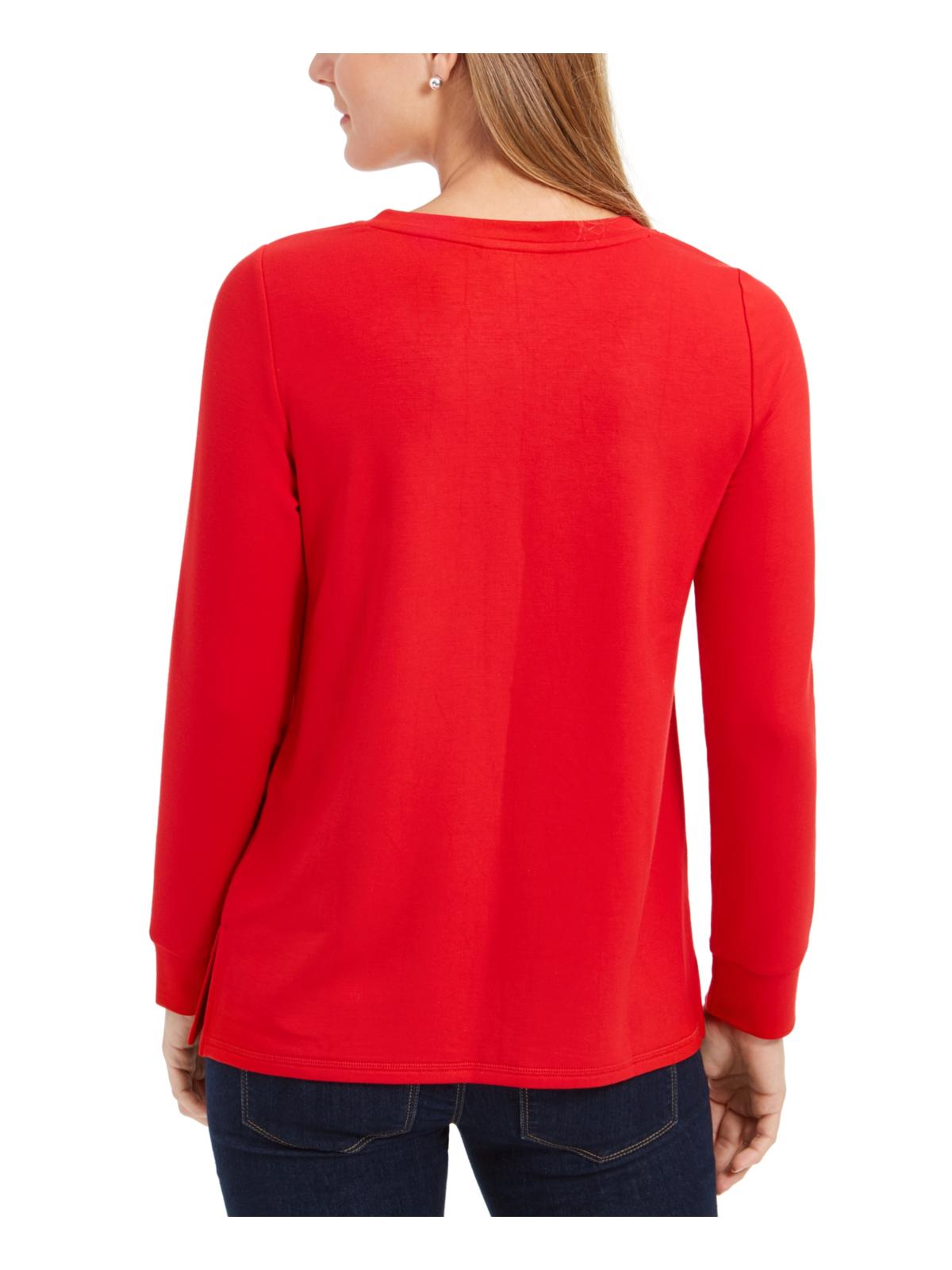 Charter Club Women's Kangaroo Pocket V Neck Pullover Top Red Size X-Large