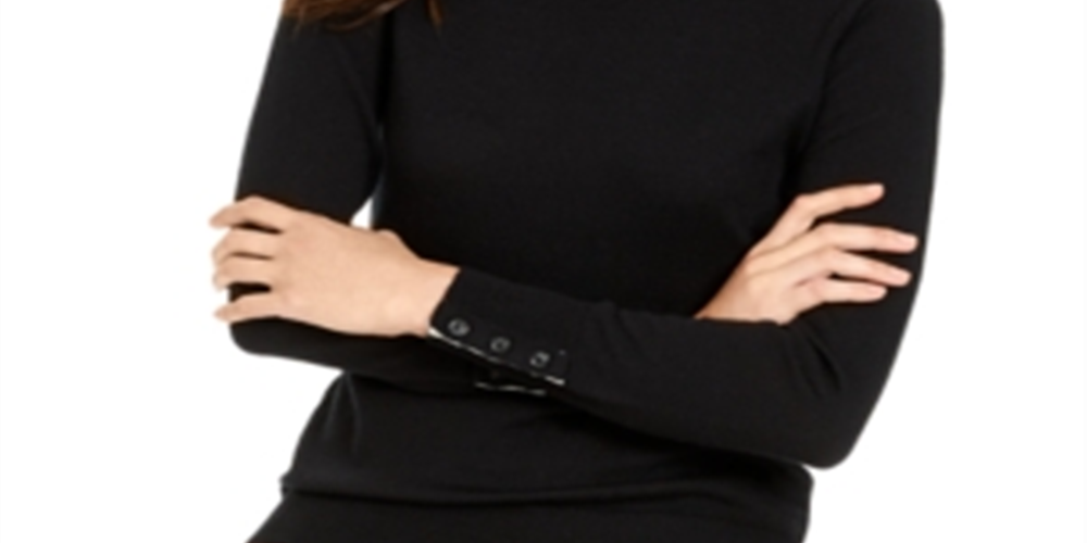 Charter Club Women's Merino Wool Button Cuff Crewneck Sweater Black Size XX-Large