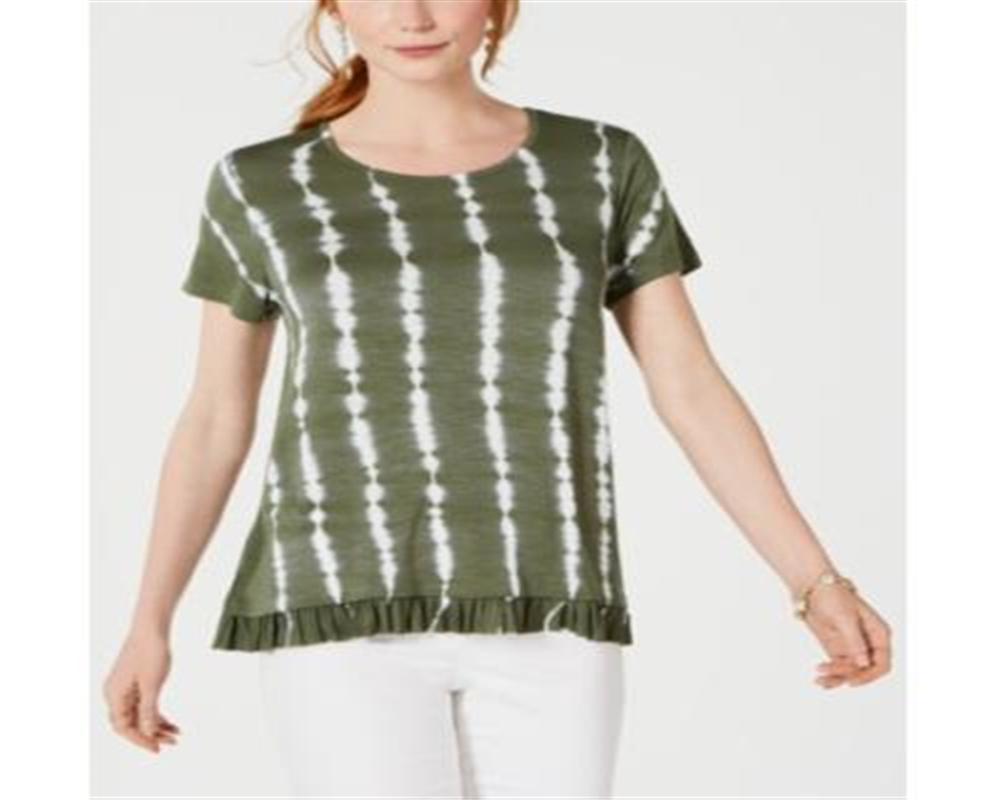 Style & Co Women's Tie Dyed Ruffle Hem Top Green Size Medium