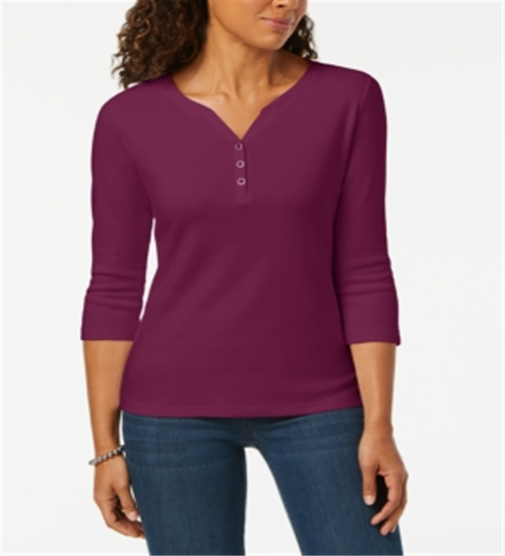 Karen Scott Women's Cotton Henley Top Red Size X-Small