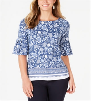 Charter Club Women's Printed Bell Sleeve Top Blue Size Small