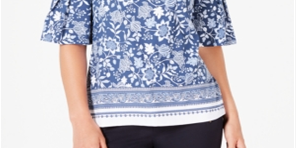 Charter Club Women's Printed Bell Sleeve Top Blue Size Small