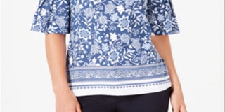 Charter Club Women's Printed Bell Sleeve Top Blue Size Small
