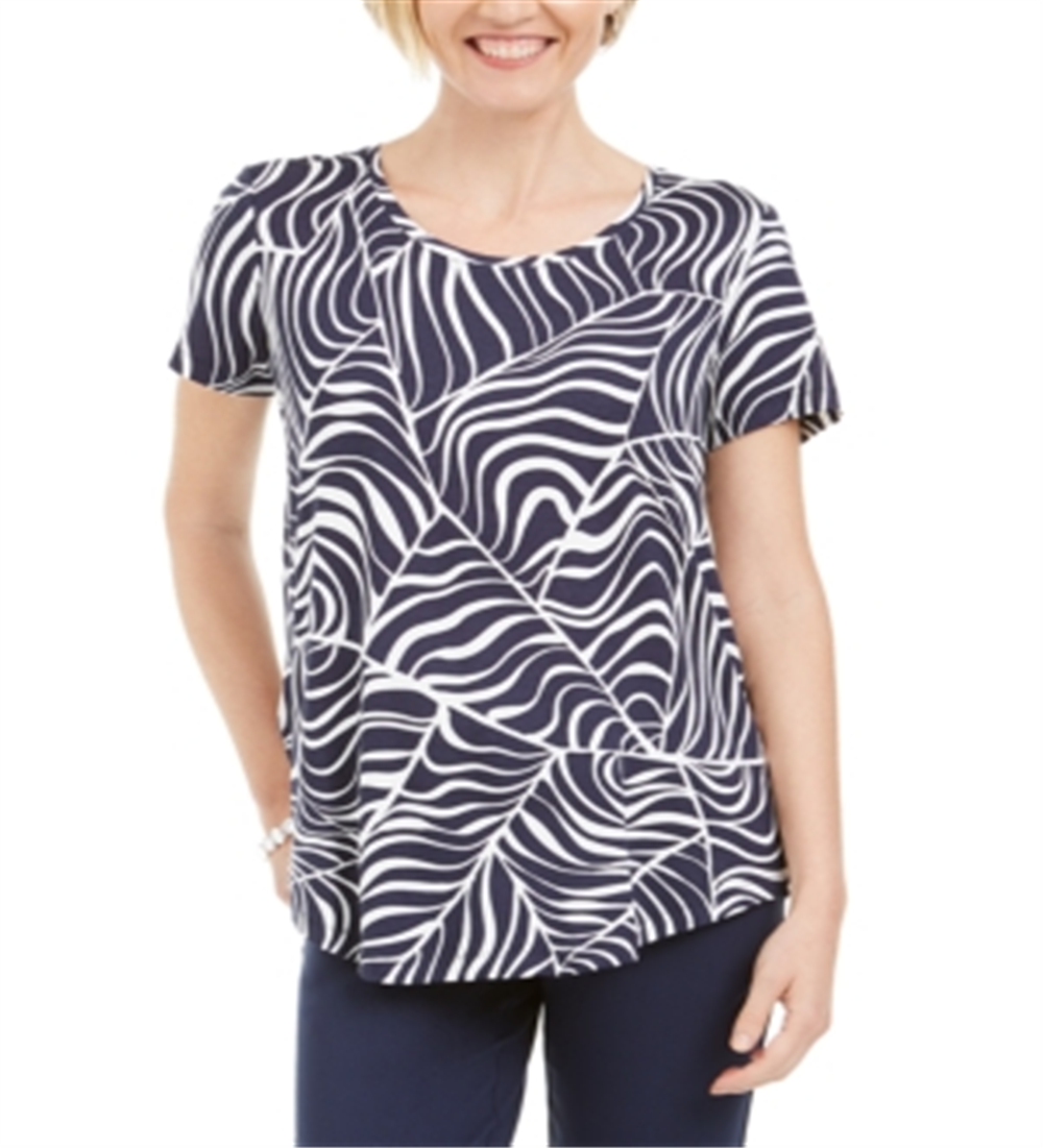 JM Collection Women's Printed Short Sleeve T-Shirt Blue Size Small