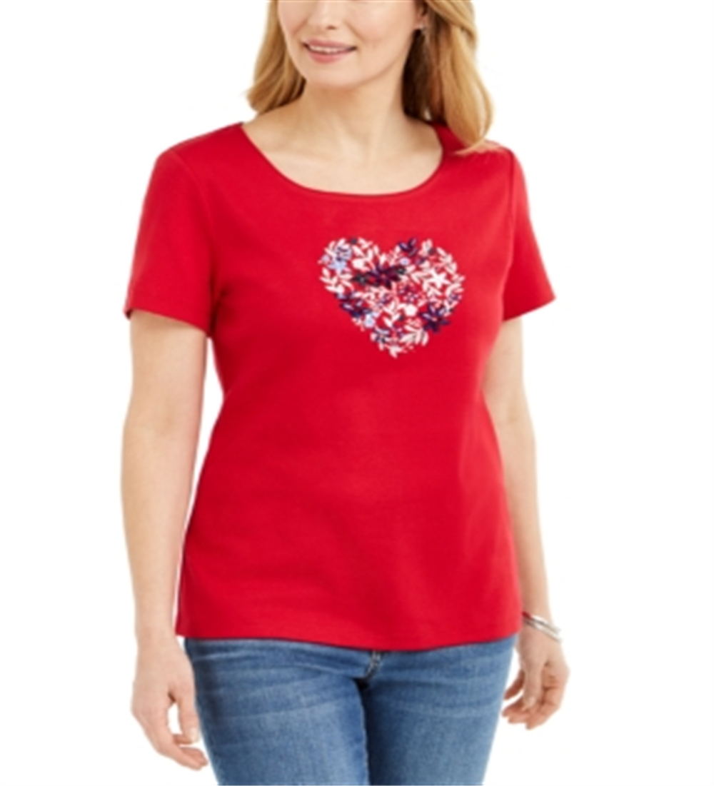 Karen Scott Women's Cotton Embellished Heart Top -Red Size 2XL