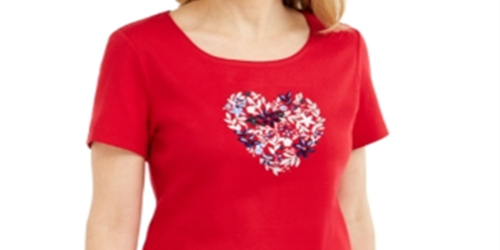 Karen Scott Women's Cotton Embellished Heart Top -Red Size 2XL