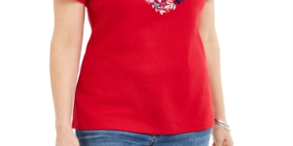 Karen Scott Women's Cotton Embellished Heart Top -Red Size 2XL