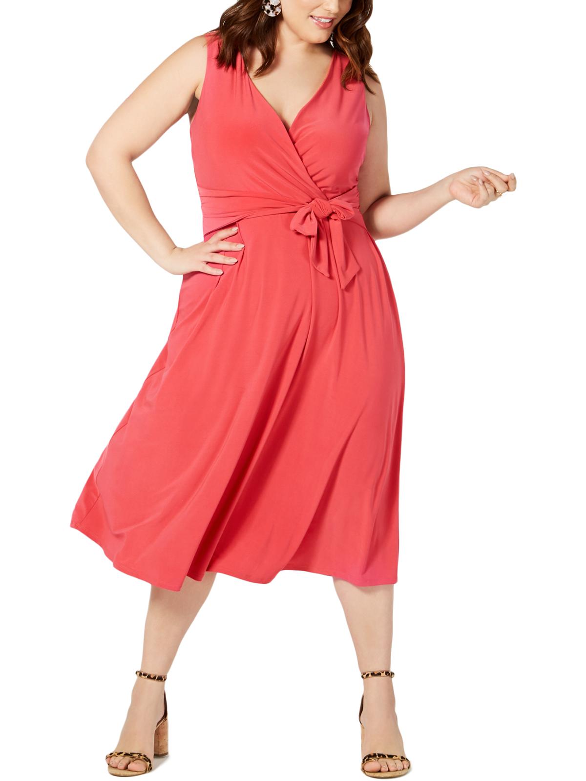 Love Squared Women's Plus Tie Waist V Neck Solid Dress Orange Size 3X
