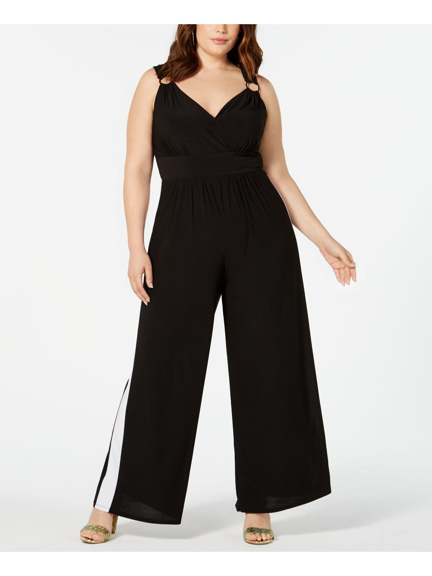 Love Squared Women's Plus Striped Surplice Neck Jumpsuit Black Size 2X