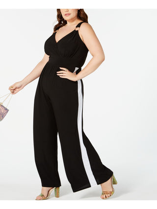 Love Squared Women's Plus Striped Surplice Neck Jumpsuit Black Size 2X