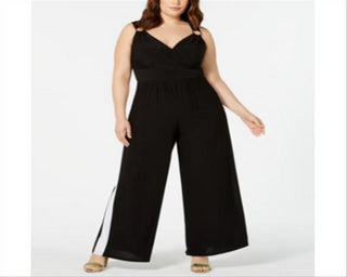 Love Squared Women's Plus Striped Surplice Neck Jumpsuit Black Size 2X