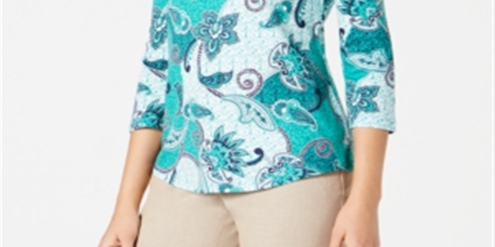 Charter Club Women's Pima Cotton Button Shoulder Print Top Green Size Petite Small