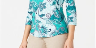 Charter Club Women's Pima Cotton Button Shoulder Print Top Green Size Petite Small