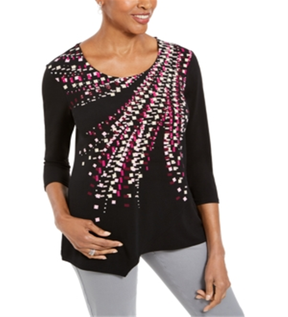 JM Collection Women's Printed Embellished Top Black Size X-Small