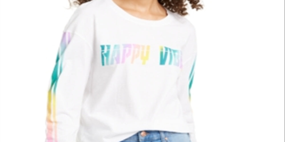 Rebellious One Junior's Happy Vibes Long Sleeved Graphic T-Shirt White Size Large