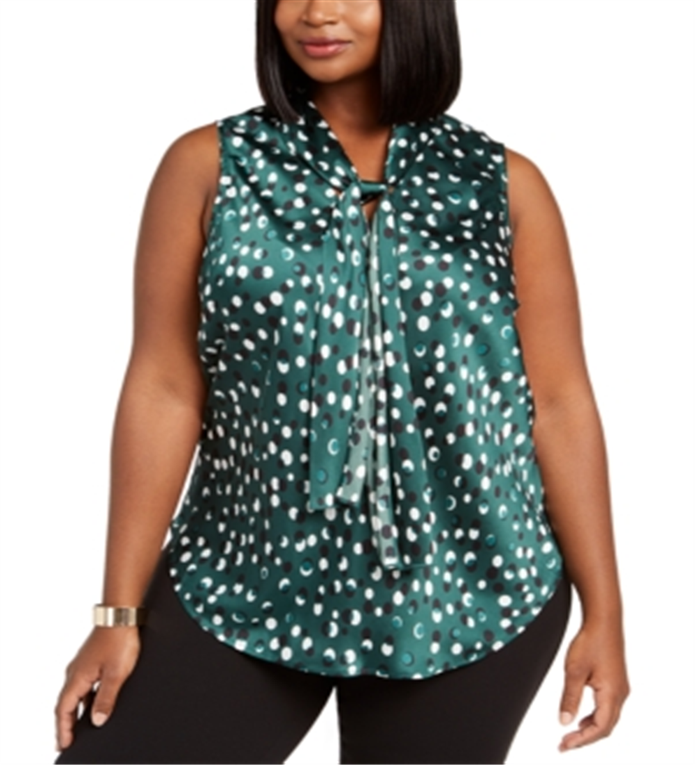 Nine West Women's Emerald Multi Dot Print Tie Neck Blouse Green Size 3X
