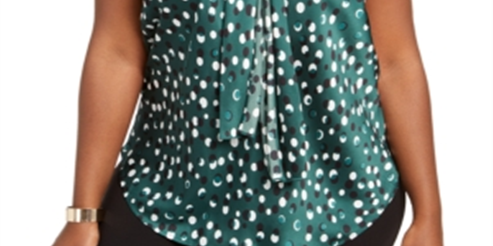 Nine West Women's Emerald Multi Dot Print Tie Neck Blouse Green Size 3X