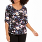 NY Collection Women's Printed Roll Tab Sleeve Peasant Top Black Purple Size Petite XL