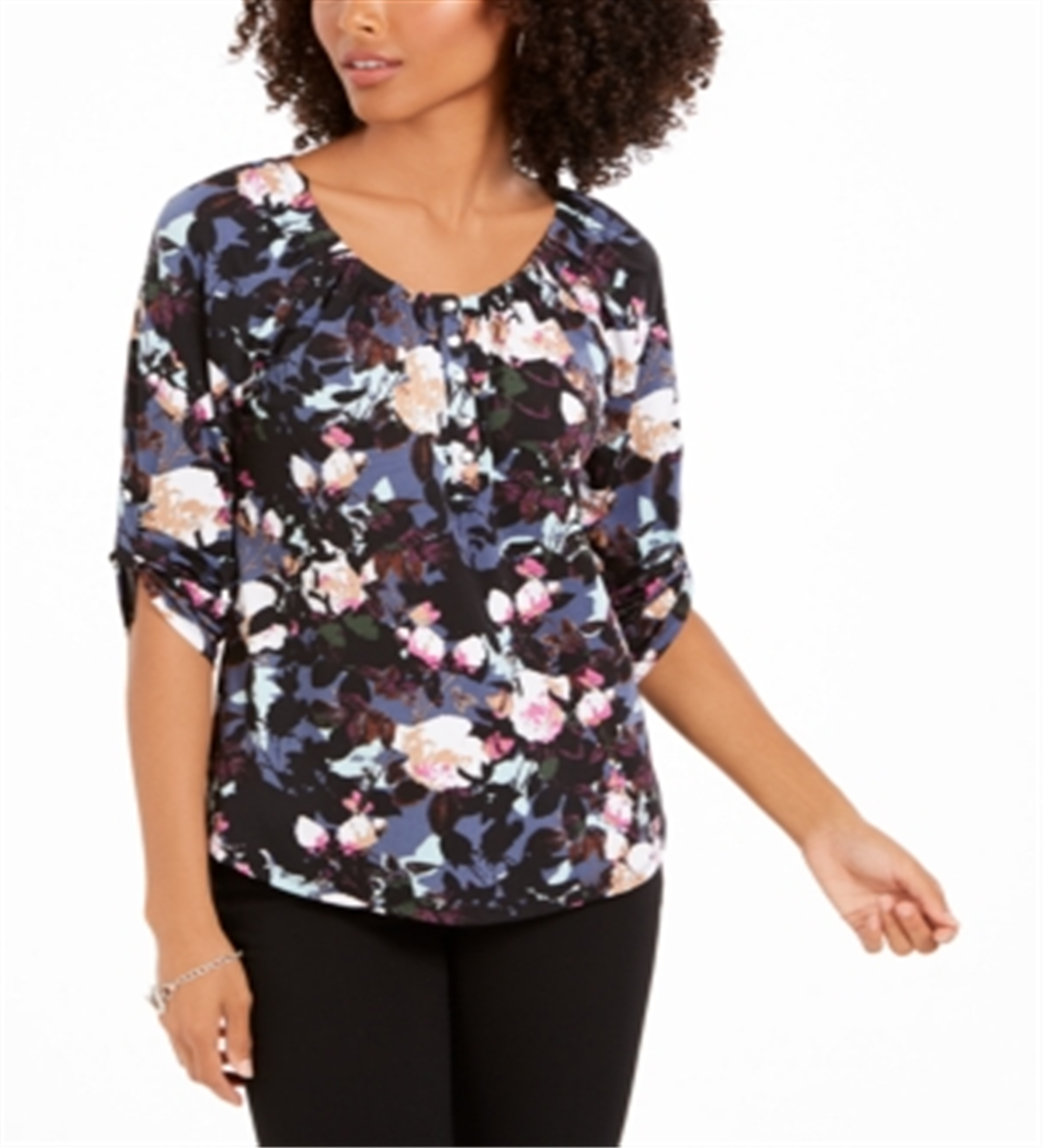 NY Collection Women's Printed Roll Tab Sleeve Peasant Top Black Purple Size Petite XL