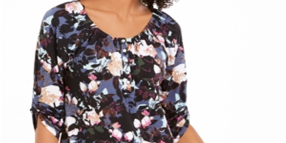 NY Collection Women's Printed Roll Tab Sleeve Peasant Top Black Purple Size Petite XL