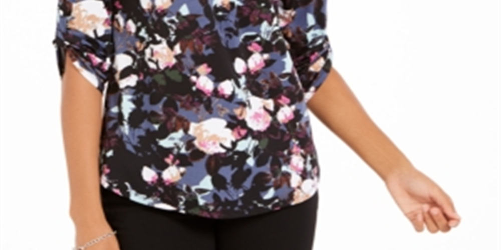 NY Collection Women's Printed Roll Tab Sleeve Peasant Top Black Purple Size Petite XL