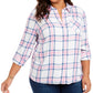 Style & Co Women's Plaid Button Front Top White Size 0X
