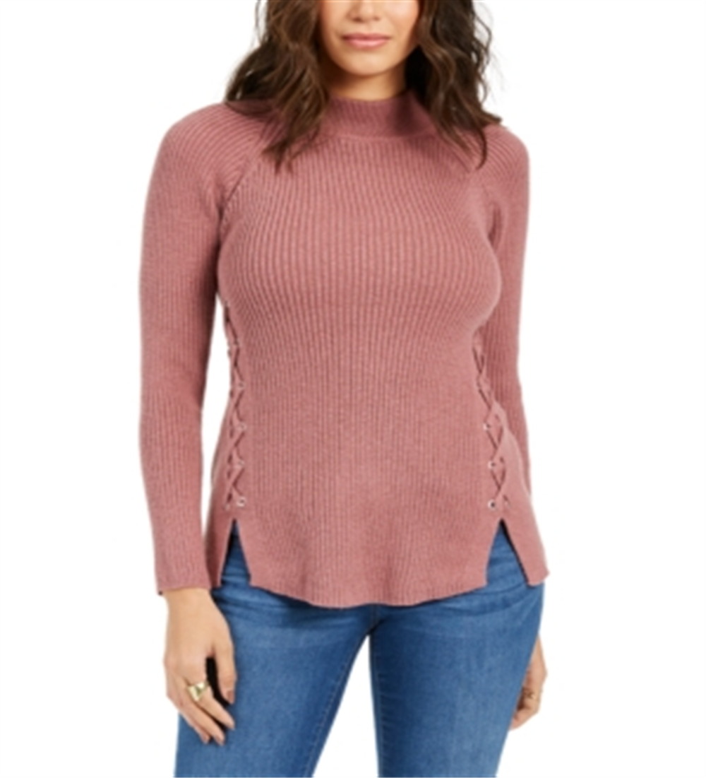 Style & Co Women's Mock Neck Lace up Ribbed Knit Sweater Purple Size Large