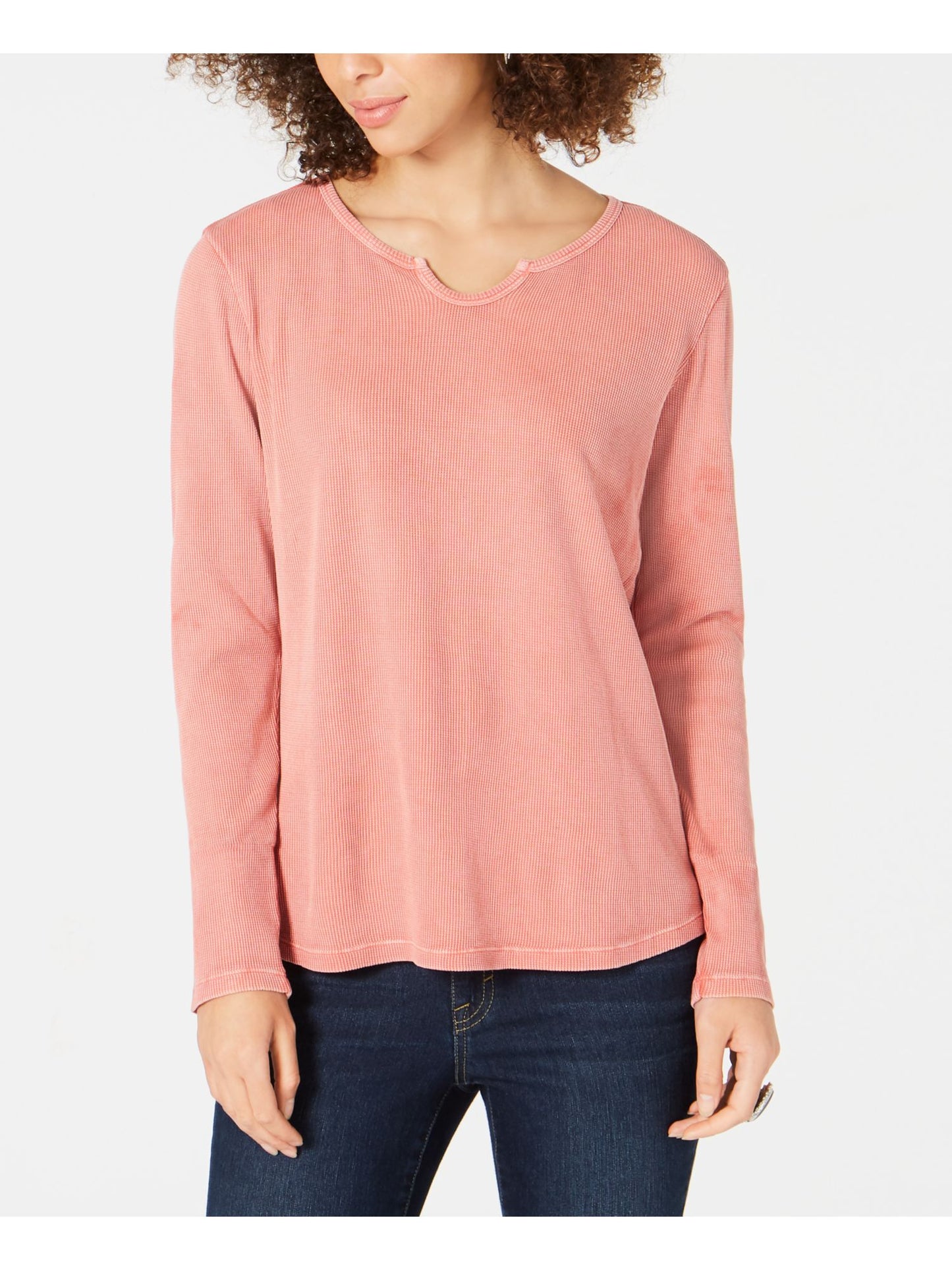 Style & Co Women'sThermal Waffle Texture Long Sleeve Split Top Pink Size Large