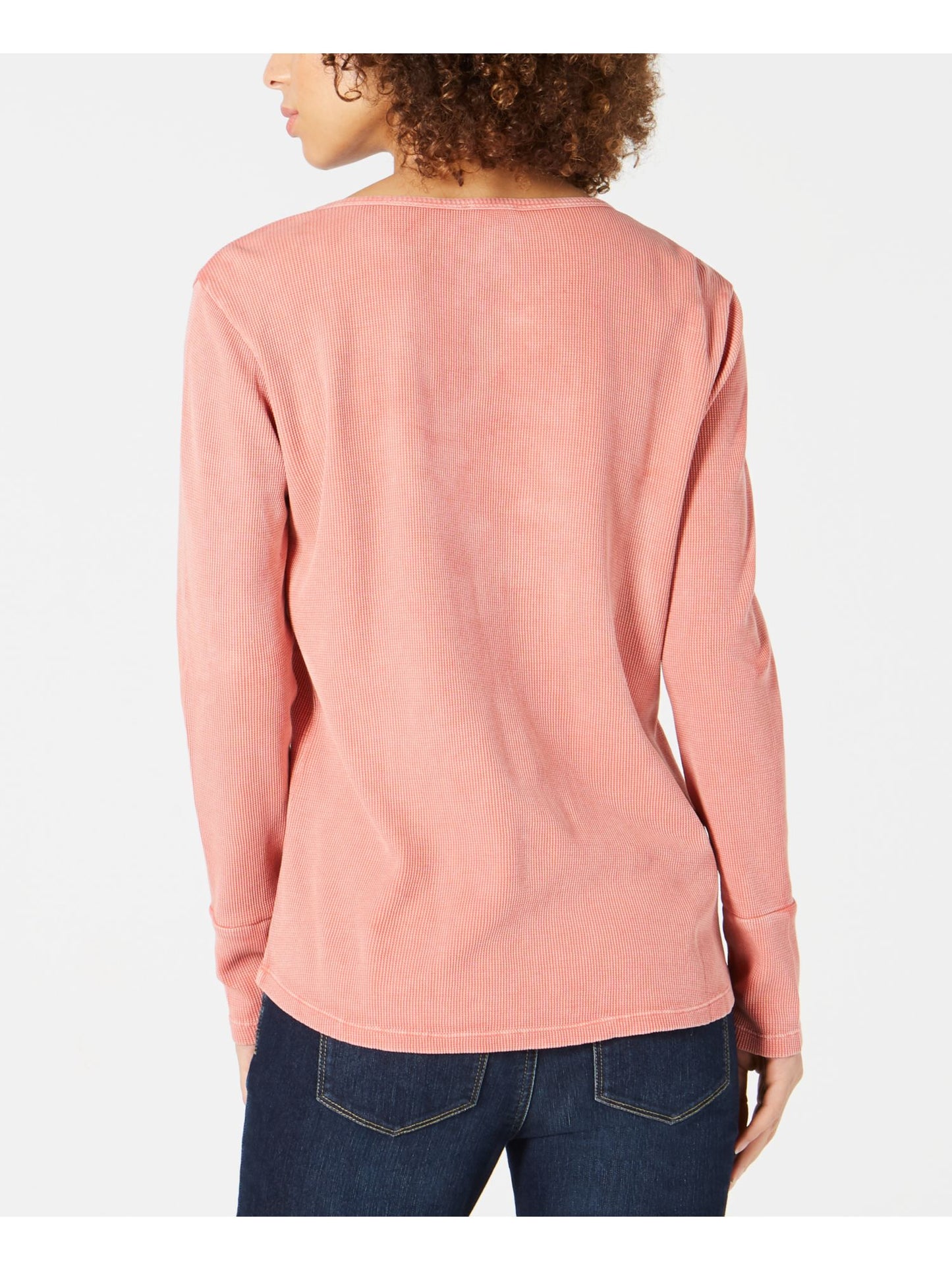 Style & Co Women'sThermal Waffle Texture Long Sleeve Split Top Pink Size Large