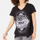 Style & Co Women's Graphic-Print Handkerchief Hem T-Shirt Black Size X-Small