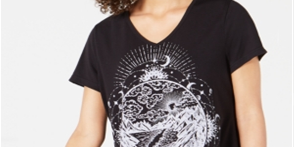 Style & Co Women's Graphic-Print Handkerchief Hem T-Shirt Black Size X-Small