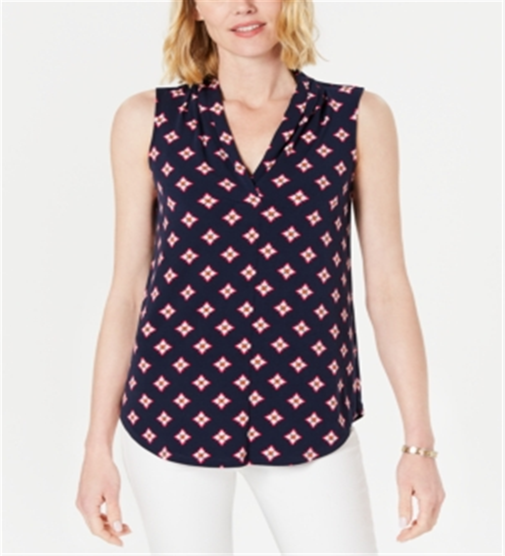 Charter Club Women's V Neck Printed Blouse Blue Size Petite L