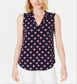 Charter Club Women's V Neck Printed Blouse Blue Size Petite L