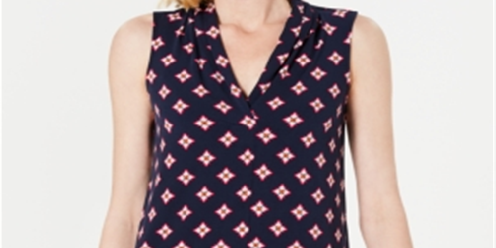 Charter Club Women's V Neck Printed Blouse Blue Size Petite L