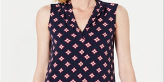 Charter Club Women's V Neck Printed Blouse Blue Size Petite L