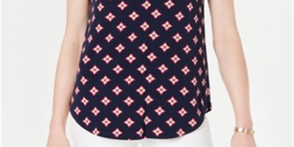 Charter Club Women's V Neck Printed Blouse Blue Size Petite L