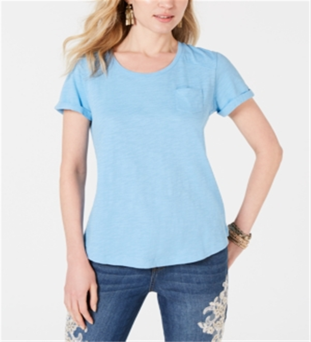 Style & Co Women's Cuffed Sleeve Cotton T-Shirt Blue Size X-Small