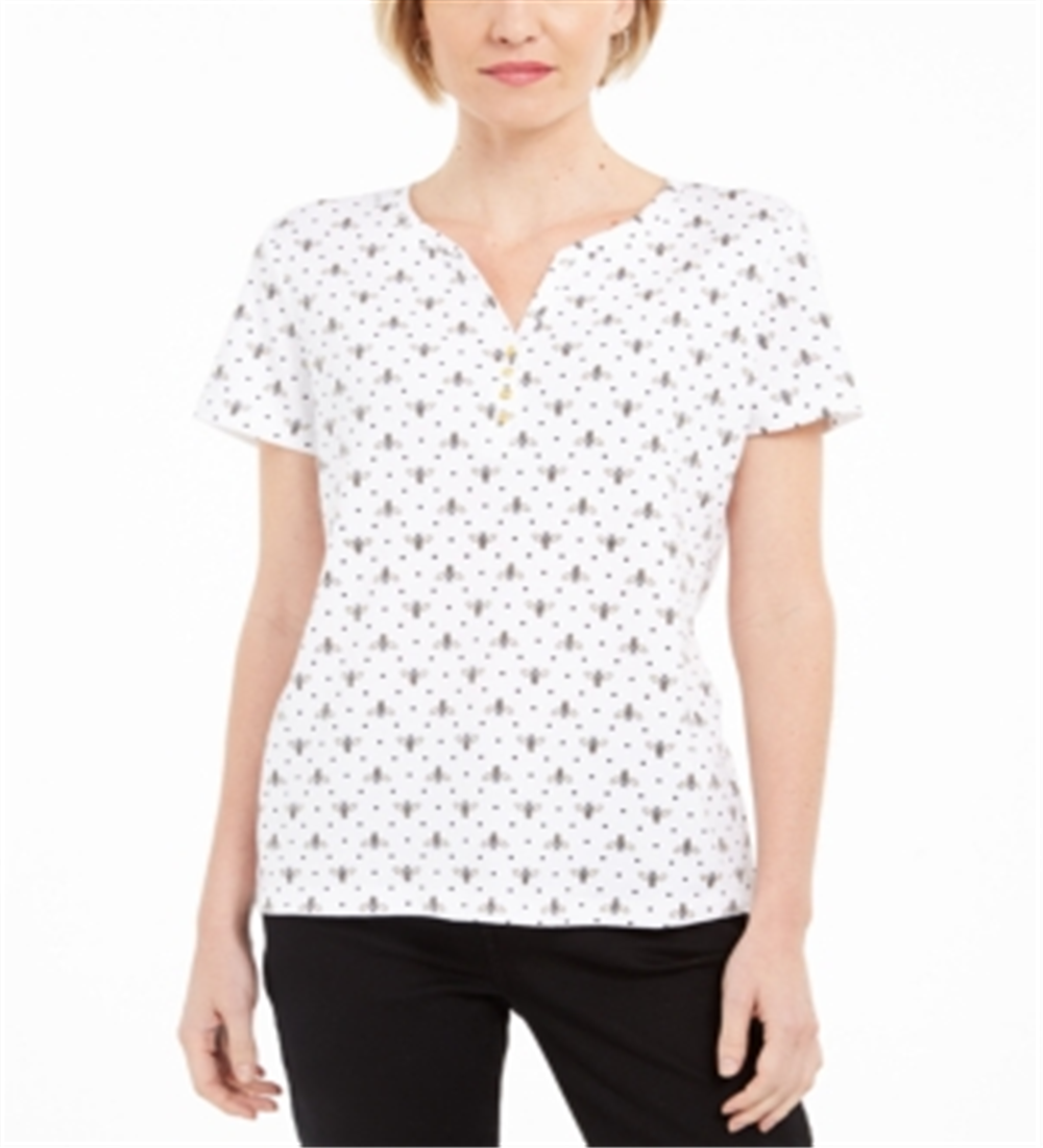 Karen Scott Women's Bee Print Henley T-Shirt White Size X-Large