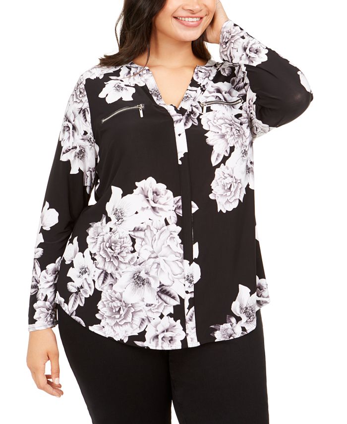 INC International Concepts Women's Printed Zip Pocket Top Black Size -0X