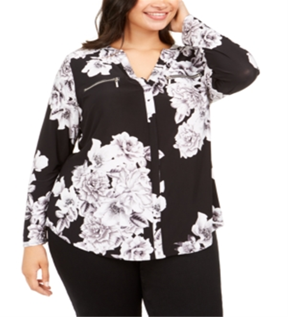 INC International Concepts Women's Printed Zip Pocket Top Black Size -0X